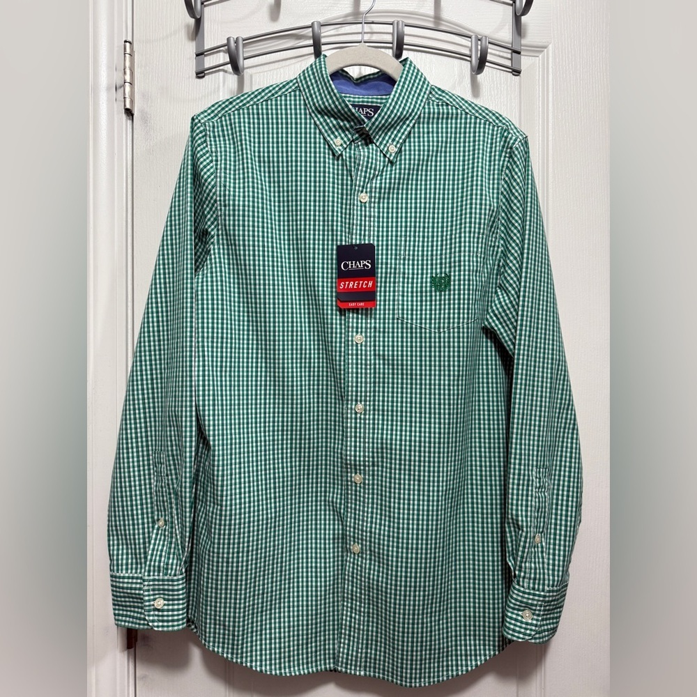 Chaps Easy Care Stretch Shirt‎ Men’s S Green White Gingham plaid Button Up nwt
